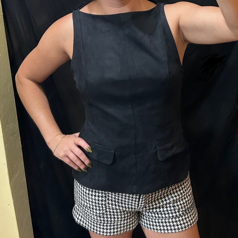 Zara Elegant Black Faux Suede Vest Top Women’s S Zipper Closure Classic Boatneck